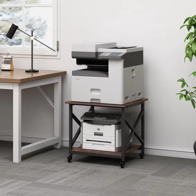 Alt view image 7 of 7 - Large Printer Stand, 23.6 x 23.6 x 22.6 Inches Square Printer Table with Storage Shelf, 2 Tier Rolling Printer Cart with Industrial Wheels for Home Office - Rustic Brown
