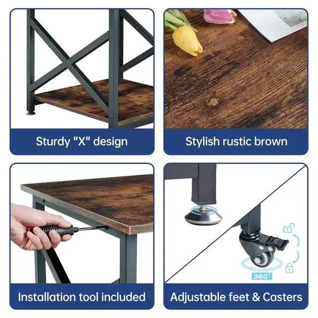 Alt view image 6 of 7 - Large Printer Stand, 23.6 x 23.6 x 22.6 Inches Square Printer Table with Storage Shelf, 2 Tier Rolling Printer Cart with Industrial Wheels for Home Office - Rustic Brown