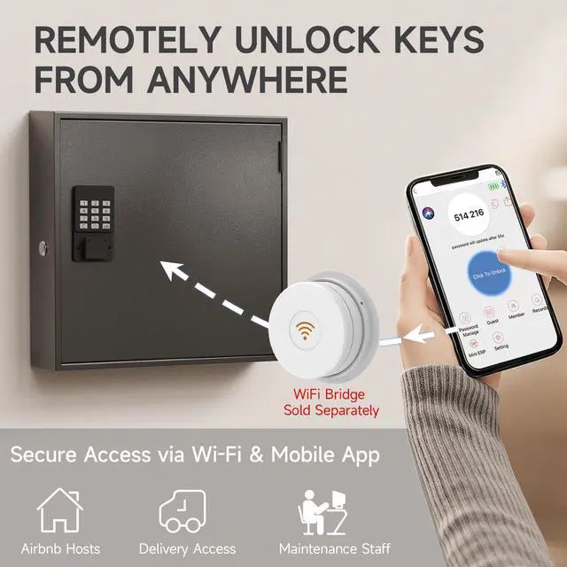 Alt view image 5 of 7 - 120-Key Smart Key Lock Box Wall Mounted Key Cabinet Organizer with App Access, One-Time Code, Bluetooth & WiFi Unlock (Sold Separately), Key Management System for School, Rental, Office