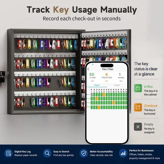 Alt view image 4 of 7 - 120-Key Smart Key Lock Box Wall Mounted Key Cabinet Organizer with App Access, One-Time Code, Bluetooth & WiFi Unlock (Sold Separately), Key Management System for School, Rental, Office
