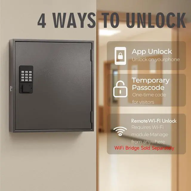 Alt view image 3 of 7 - 120-Key Smart Key Lock Box Wall Mounted Key Cabinet Organizer with App Access, One-Time Code, Bluetooth & WiFi Unlock (Sold Separately), Key Management System for School, Rental, Office