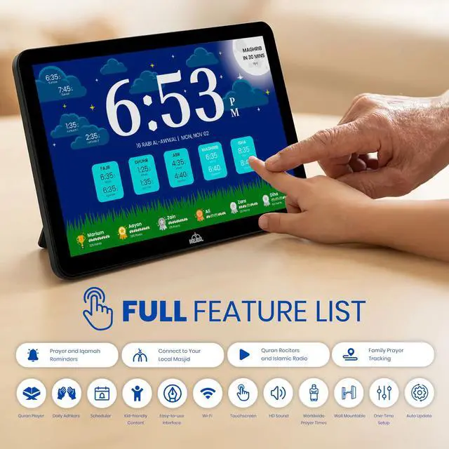 Alt view image 7 of 7 - 8" Smart WiFi Digital Azan Clock & Islamic Prayer Frame Automatic Worldwide Prayer & Iqamah Times, Full Quran Player, Athan Alarm, Ramadan Clock, Touchscreen Muslim Home Display, Black