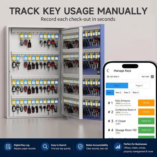 Alt view image 4 of 7 - 192 Key Lock Box, Smart Key Cabinet with Key Management SystemApp,Bluetooth, Dynamic/Static Password, WiFi Unlock(Sold Separately), Wall-Mount Commercial Key Storage Box for Office, School