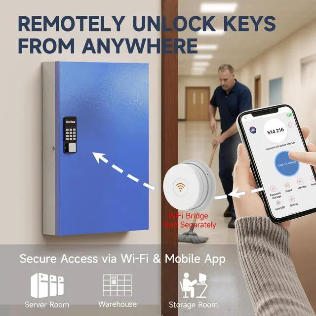 Alt view image 6 of 7 - 192 Key Lock Box, Smart Key Cabinet with Key Management SystemApp,Bluetooth, Dynamic/Static Password, WiFi Unlock(Sold Separately), Wall-Mount Commercial Key Storage Box for Office, School