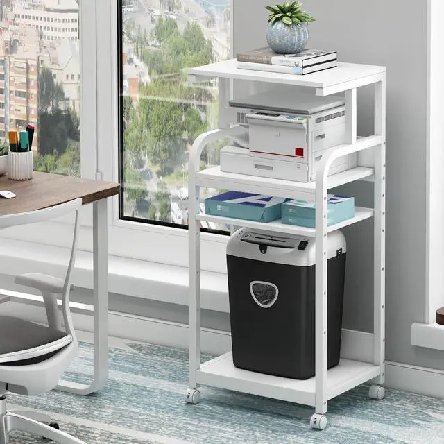 Main image of 4 Tier White Printer Stand Table with Adjustable Shelves, Movable Printer Shredder Stand with Wheels for Home Office Storage and Organization, Rolling Cart for Computer Tower CPU