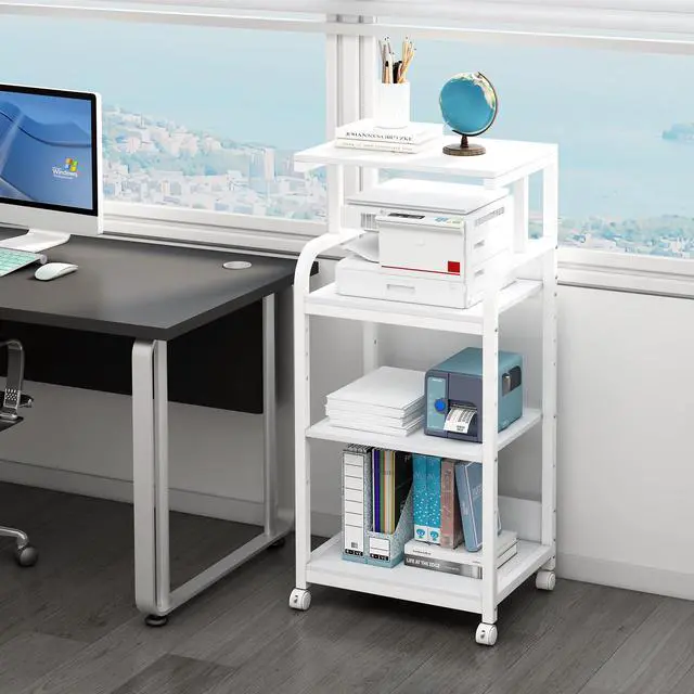 Alt view image 2 of 7 - 4 Tier White Printer Stand Table with Adjustable Shelves, Movable Printer Shredder Stand with Wheels for Home Office Storage and Organization, Rolling Cart for Computer Tower CPU