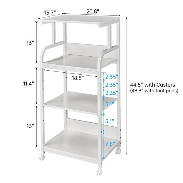 Alt view image 6 of 7 - 4 Tier White Printer Stand Table with Adjustable Shelves, Movable Printer Shredder Stand with Wheels for Home Office Storage and Organization, Rolling Cart for Computer Tower CPU
