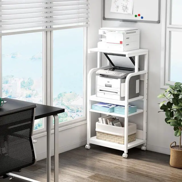 Alt view image 3 of 7 - 4 Tier White Printer Stand Table with Adjustable Shelves, Movable Printer Shredder Stand with Wheels for Home Office Storage and Organization, Rolling Cart for Computer Tower CPU