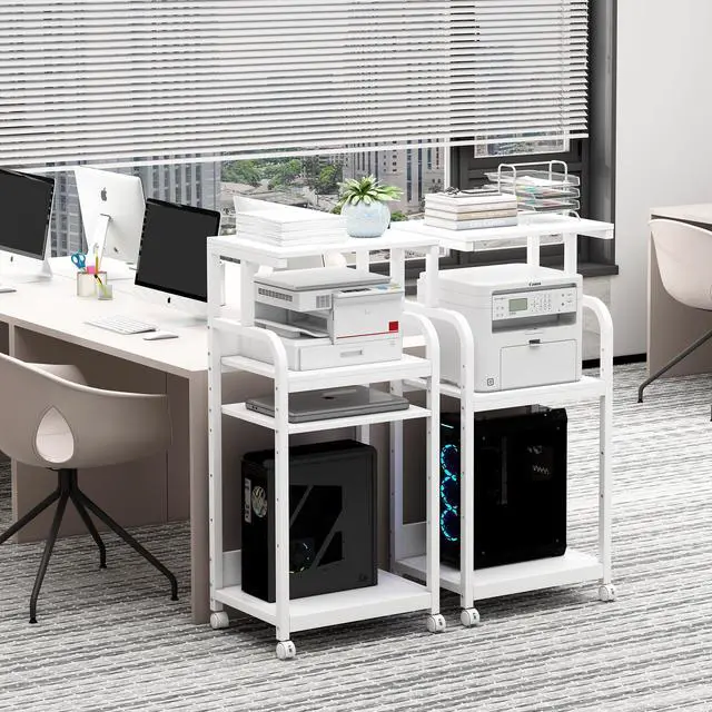 Alt view image 4 of 7 - 4 Tier White Printer Stand Table with Adjustable Shelves, Movable Printer Shredder Stand with Wheels for Home Office Storage and Organization, Rolling Cart for Computer Tower CPU