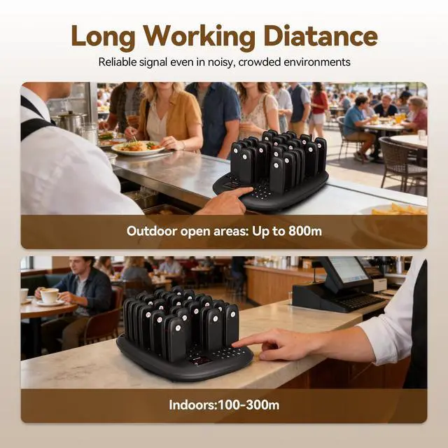 Alt view image 2 of 7 - TD175M Beepers for Restaurants, Restaurant Buzzers,40 Buzzers | for Food Court, Entertainment Center, Shopping Mall, Maximum Call Range 800M, with Mute Button, Plug and Play, 7 Prompt Modes