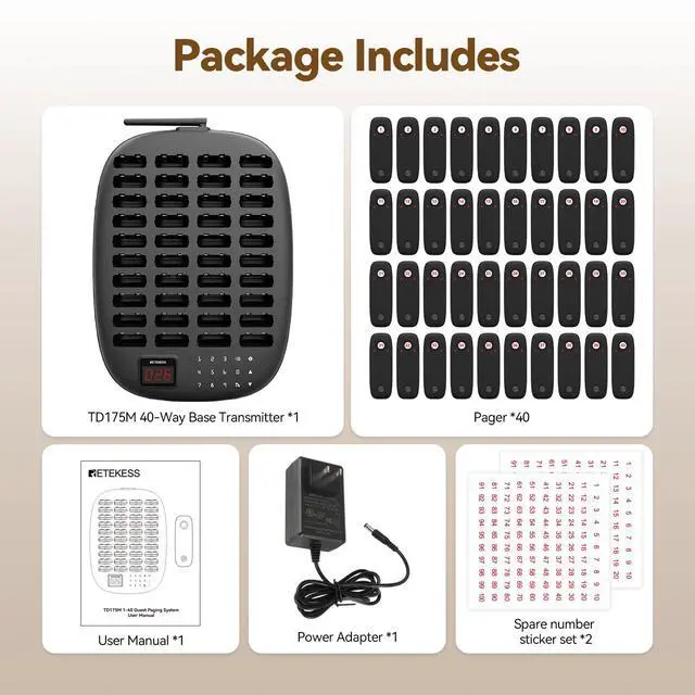Alt view image 7 of 7 - TD175M Beepers for Restaurants, Restaurant Buzzers,40 Buzzers | for Food Court, Entertainment Center, Shopping Mall, Maximum Call Range 800M, with Mute Button, Plug and Play, 7 Prompt Modes