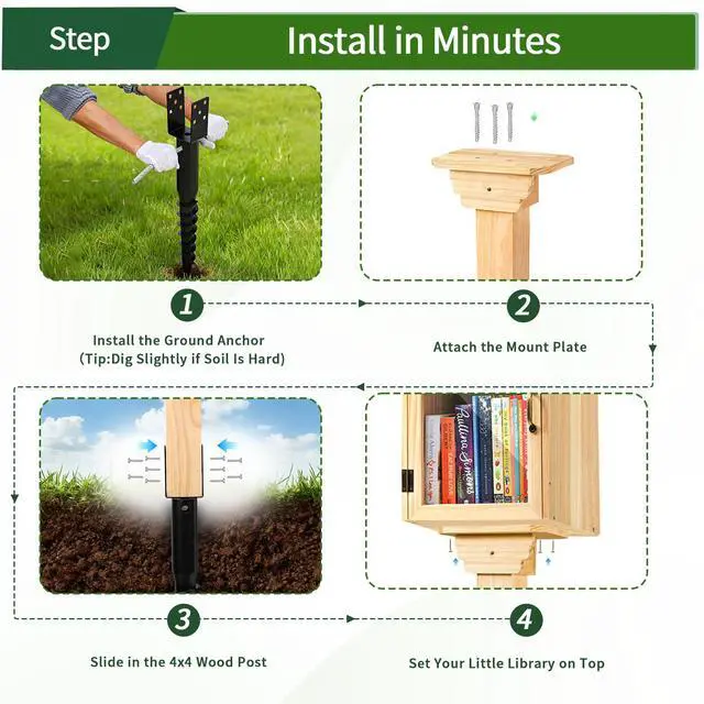 Alt view image 6 of 7 - Little Library Mount, with No-Dig Ground Anchor, 4x4x31.5" Solid Wood Post & Bracket, Waterproof and Easy Installation, Supports All Sizes of Little Libraries for Parks, Schools, Neighborhoods