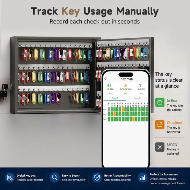 Alt view image 4 of 6 - 90 Key Lock Box, Smart Key Cabinet with Key Management System, App, Bluetooth, Dynamic/Static Password, WiFi Unlock(Sold Separately), Wall-Mount Commercial Key Storage Box for Office, School