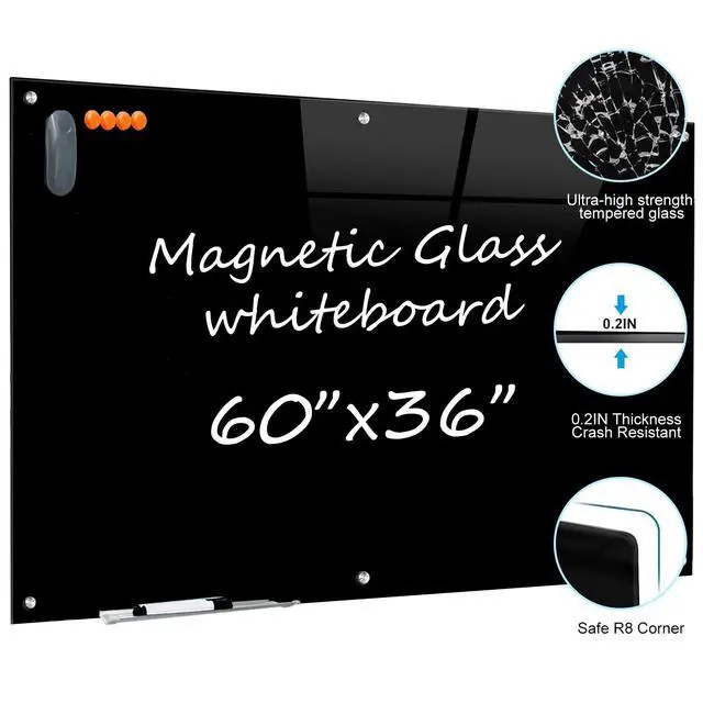 Alt view image 3 of 7 - Glass Dry Erase Black Board - Magnetic Blackboard 60"X36" Frameless White Board Clear Glass Boards with Super Strong Magnets, Wall Mounted for Office, Classroom and Home