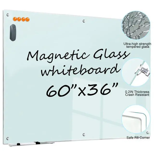 Alt view image 3 of 7 - Magnetic Glass Whiteboard - 60"x36" Dry Erase White Board Frameless Glass Boards with Super Strong Magnets, Wall Mounted for Office, School and Home
