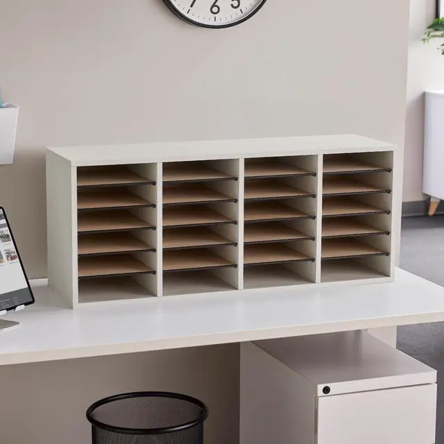 Alt view image 6 of 7 - Literature Organizer, 24 Compartments, Office and Classroom Mailbox with Adjustable Shelves, Wood Paper and Mail Sorter, White
