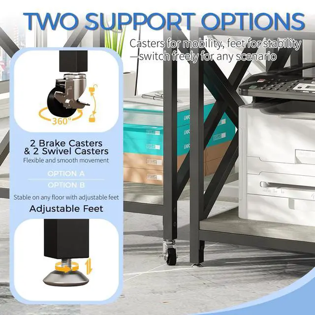Alt view image 6 of 7 - Large Printer Stand with Power Outlet, with Storage Shelf, 2 Tier Rolling Printer Cart with Industrial Wheels, 23.6 x 23.6 Inches Printer Table for Home Office,Greige