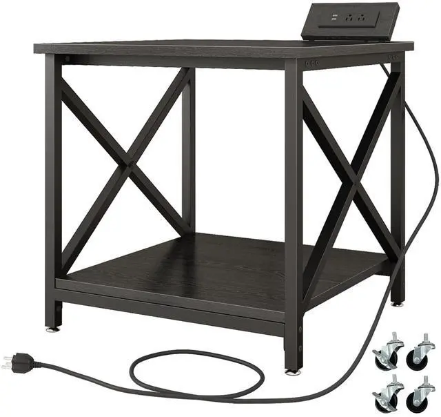 Main image of Large Printer Stand with Power Outlet, with Storage Shelf, 2 Tier Rolling Printer Cart with Industrial Wheels, 23.6 x 23.6 Inches Printer Table for Home Office,Black