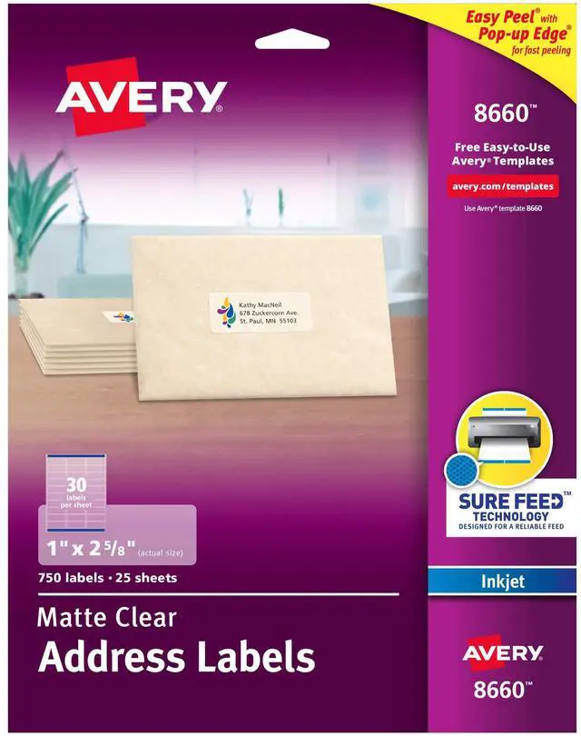 Main image of Printable Address Labels with Sure Feed Technology, 1" x 2-5/8", Matte Clear, Compatible with Inkjet Printers, 750 Blank Labels per Pack, Great for Mailing, Branding, and More (5-Pack of 8660)