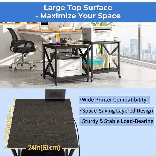 Alt view image 7 of 7 - Large Printer Stand with Power Outlet, with Storage Shelf, 2 Tier Rolling Printer Cart with Industrial Wheels, 23.6 x 23.6 Inches Printer Table for Home Office,Black