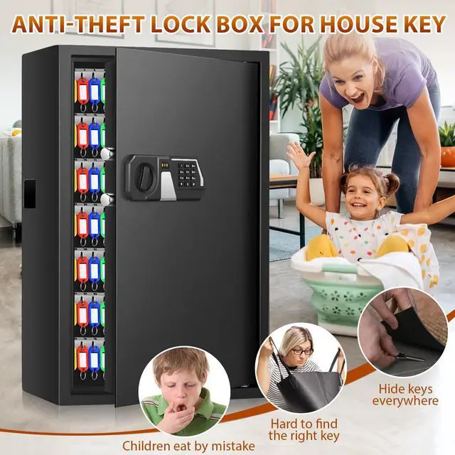 Alt view image 3 of 7 - 144 Keys Fireproof Key Lock Box Wall Mount with Code & Hook Plates | Combo Lock with Alarm & Silent Modes, Color Tags, Key Drop Slot, Alloy Steel, Key Safe for Home Office Garage Rental Business