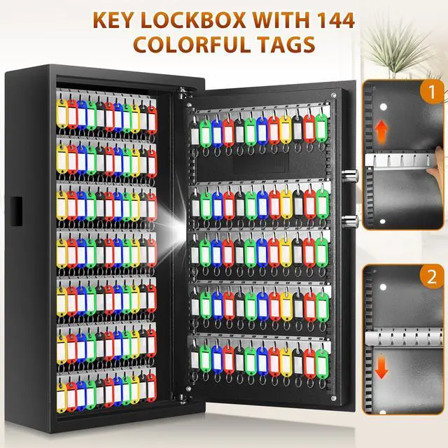 Alt view image 6 of 7 - 144 Keys Fireproof Key Lock Box Wall Mount with Code & Hook Plates | Combo Lock with Alarm & Silent Modes, Color Tags, Key Drop Slot, Alloy Steel, Key Safe for Home Office Garage Rental Business