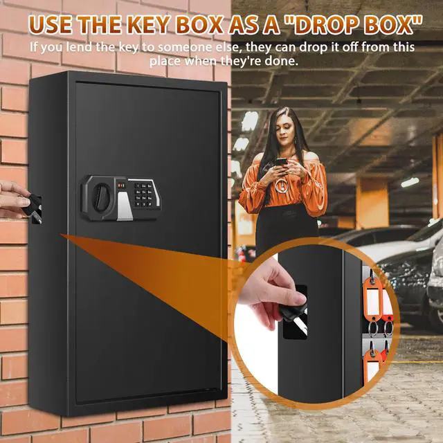 Alt view image 4 of 7 - 144 Keys Fireproof Key Lock Box Wall Mount with Code & Hook Plates | Combo Lock with Alarm & Silent Modes, Color Tags, Key Drop Slot, Alloy Steel, Key Safe for Home Office Garage Rental Business