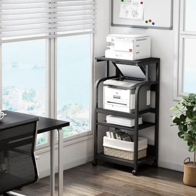 Alt view image 3 of 7 - Printer Stand with Adjustable Shelf, 4 Tier Large Tall Printer Table with Wheels for Home Office Storage and Organization, Rolling Stand Cart for Computer Tower CPU Shredder, Black