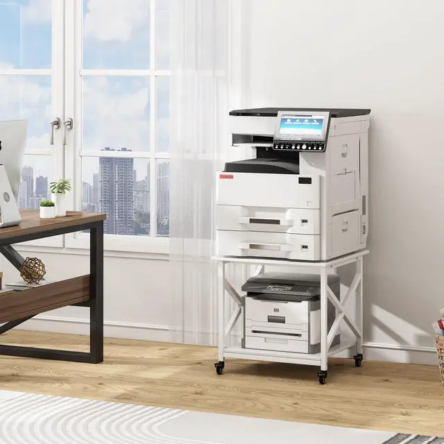 Alt view image 2 of 7 - 23.6 x 23.6 Inches Large Printer Stand, 2 Tier Square Printer Table with Storage Shelf for Home Office, Multi-use Rolling Cart with Wheels for Laser, 3D Printer and Mini Fridge - White