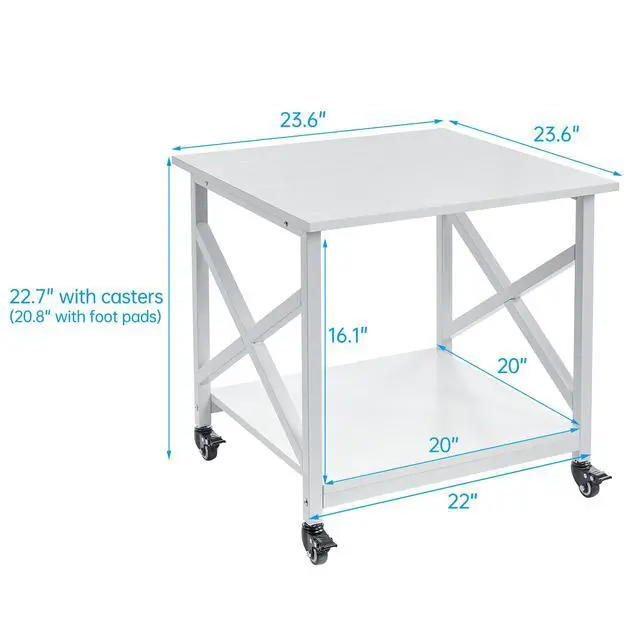 Alt view image 3 of 7 - 23.6 x 23.6 Inches Large Printer Stand, 2 Tier Square Printer Table with Storage Shelf for Home Office, Multi-use Rolling Cart with Wheels for Laser, 3D Printer and Mini Fridge - White