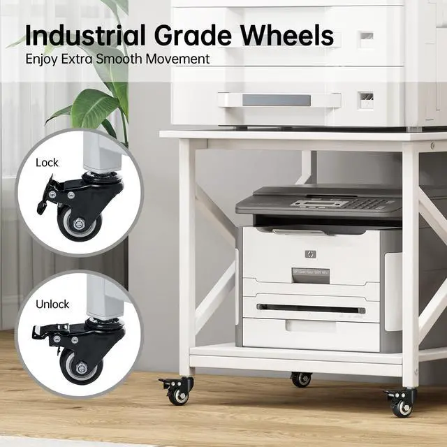 Alt view image 5 of 7 - 23.6 x 23.6 Inches Large Printer Stand, 2 Tier Square Printer Table with Storage Shelf for Home Office, Multi-use Rolling Cart with Wheels for Laser, 3D Printer and Mini Fridge - White