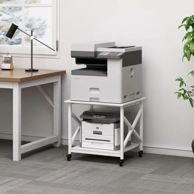 Alt view image 7 of 7 - 23.6 x 23.6 Inches Large Printer Stand, 2 Tier Square Printer Table with Storage Shelf for Home Office, Multi-use Rolling Cart with Wheels for Laser, 3D Printer and Mini Fridge - White