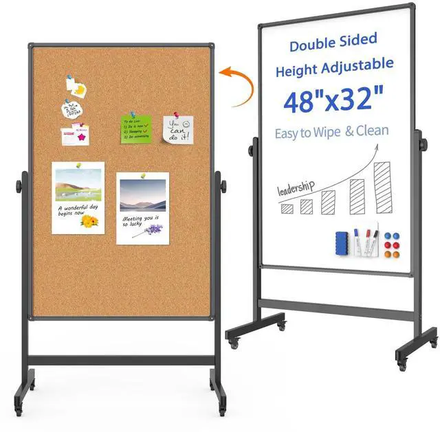 Main image of Double-Sided Whiteboard and Corkboard on Wheels, 48 x 32 Inch Magnetic Dry Erase Board with Adjustable Height Stand, Rolling Mobile Board for Office, Classroom, Presentation & Planning (Cork & Black)