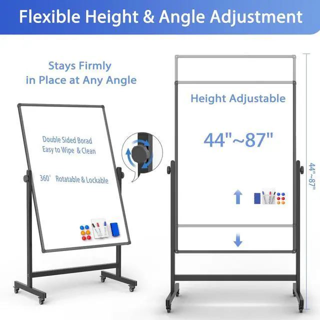 Alt view image 2 of 6 - Double-Sided Whiteboard and Corkboard on Wheels, 48 x 32 Inch Magnetic Dry Erase Board with Adjustable Height Stand, Rolling Mobile Board for Office, Classroom, Presentation & Planning (Cork & Black)