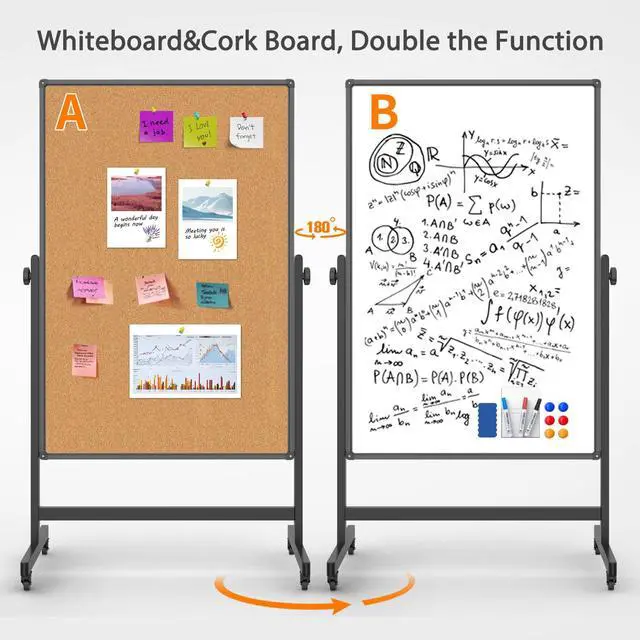Alt view image 4 of 6 - Double-Sided Whiteboard and Corkboard on Wheels, 48 x 32 Inch Magnetic Dry Erase Board with Adjustable Height Stand, Rolling Mobile Board for Office, Classroom, Presentation & Planning (Cork & Black)