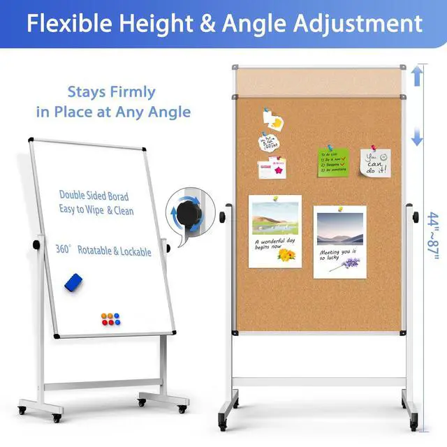 Alt view image 2 of 7 - Double-Sided Whiteboard and Corkboard on Wheels, 48 x 32 Inch Magnetic Dry Erase Board with Adjustable Height Stand, Rolling Mobile Board for Office, Classroom, Presentation & Planning (Cork & White)