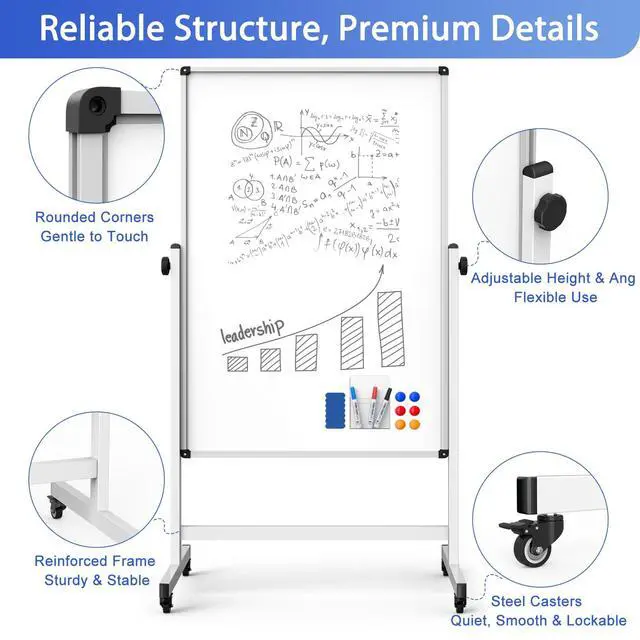 Alt view image 3 of 7 - Double-Sided Whiteboard and Corkboard on Wheels, 48 x 32 Inch Magnetic Dry Erase Board with Adjustable Height Stand, Rolling Mobile Board for Office, Classroom, Presentation & Planning (Cork & White)