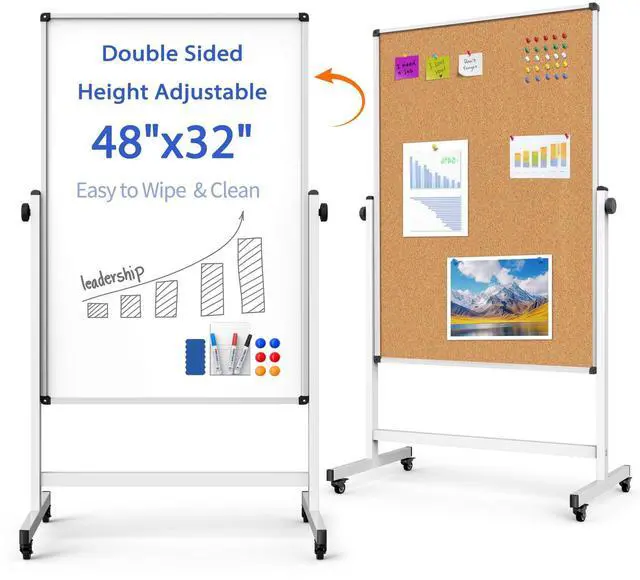 Main image of Double-Sided Whiteboard and Corkboard on Wheels, 48 x 32 Inch Magnetic Dry Erase Board with Adjustable Height Stand, Rolling Mobile Board for Office, Classroom, Presentation & Planning (Cork & White)