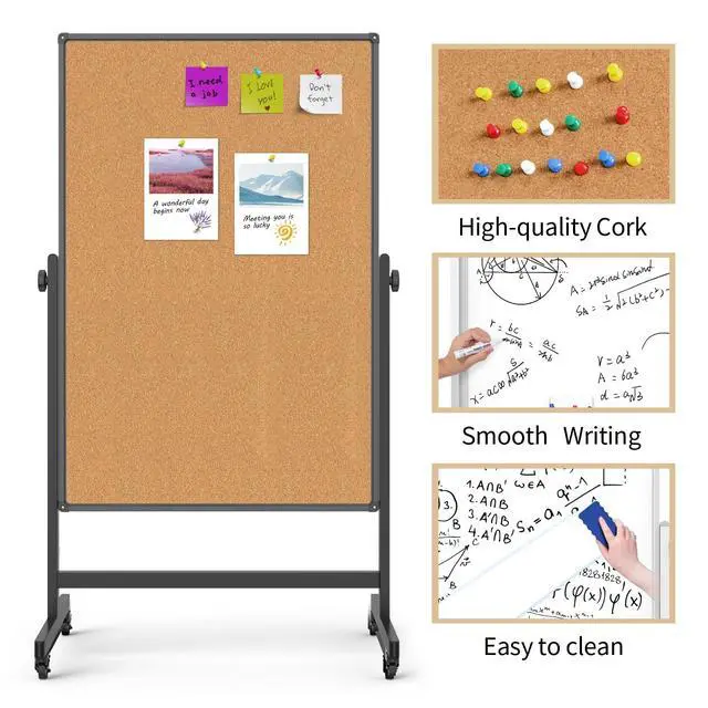 Alt view image 5 of 6 - Double-Sided Whiteboard and Corkboard on Wheels, 48 x 32 Inch Magnetic Dry Erase Board with Adjustable Height Stand, Rolling Mobile Board for Office, Classroom, Presentation & Planning (Cork & Black)