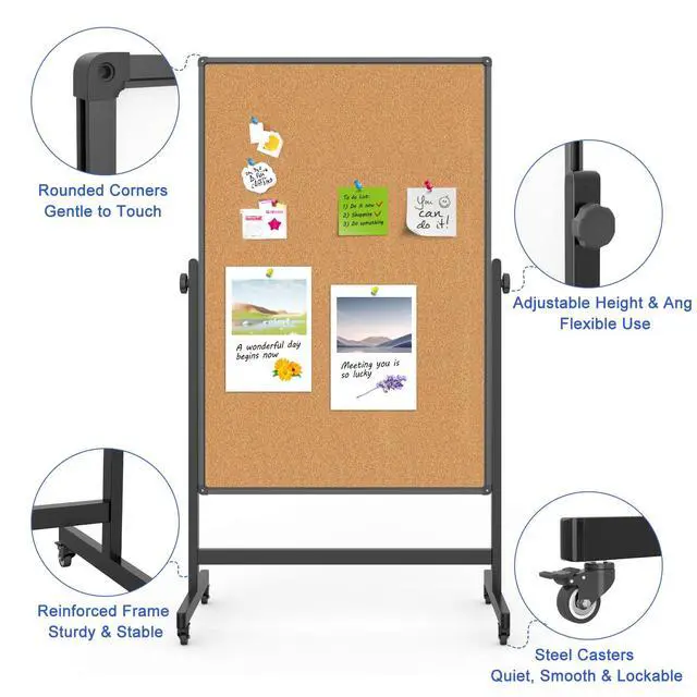Alt view image 3 of 6 - Double-Sided Whiteboard and Corkboard on Wheels, 48 x 32 Inch Magnetic Dry Erase Board with Adjustable Height Stand, Rolling Mobile Board for Office, Classroom, Presentation & Planning (Cork & Black)
