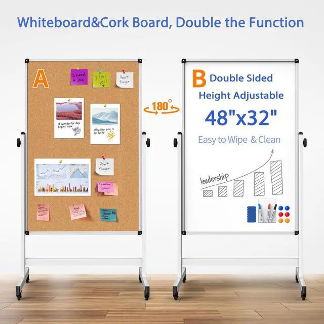 Alt view image 4 of 7 - Double-Sided Whiteboard and Corkboard on Wheels, 48 x 32 Inch Magnetic Dry Erase Board with Adjustable Height Stand, Rolling Mobile Board for Office, Classroom, Presentation & Planning (Cork & White)