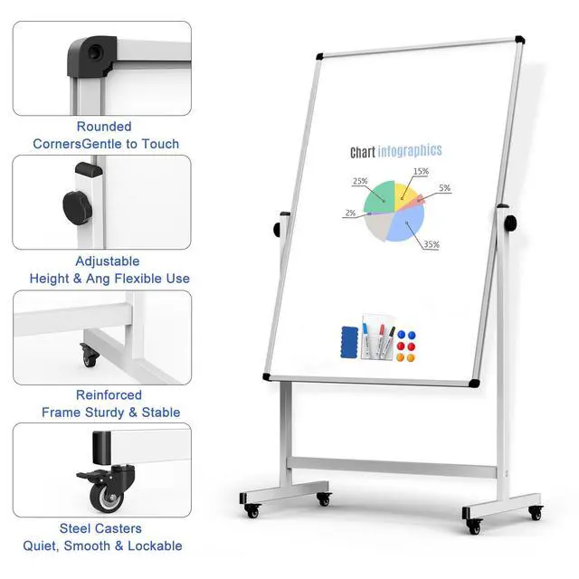 Alt view image 3 of 7 - Rolling Whiteboard on Wheels, Double-Sided Magnetic Dry Erase Board with Stand, Mobile White Board for Office, Classroom, Home (32" x 48")