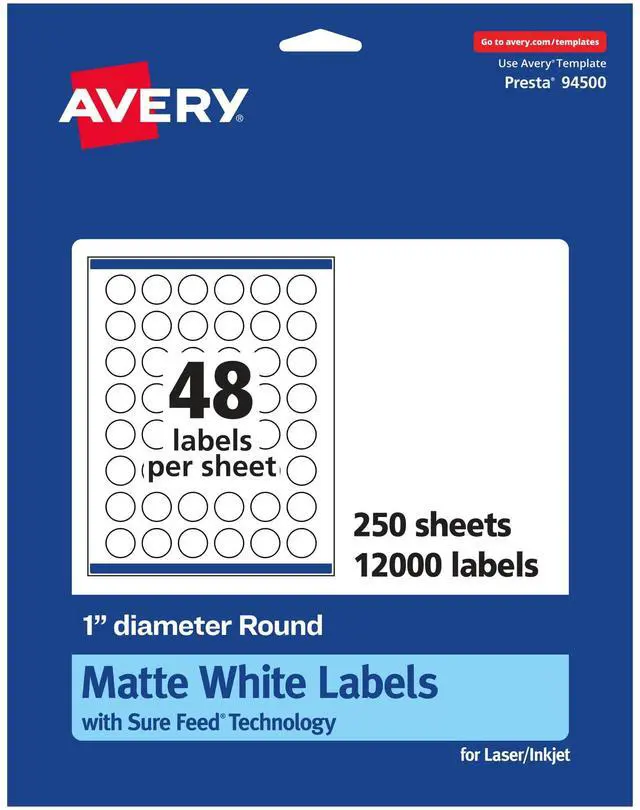Main image of Matte White Round Labels, Sure Feed Technology, 1" Diameter, 12,000 Matte White Printable Labels