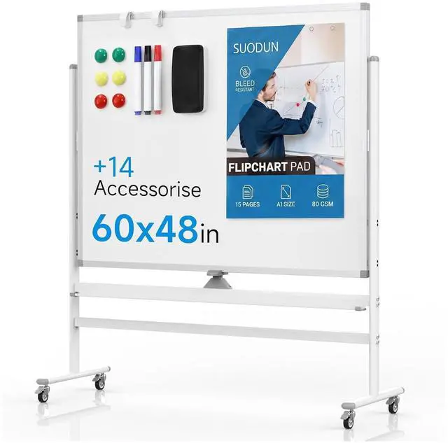 Main image of Rolling Whiteboard 60"x48" Magnetic Dry Erase Board with Stand, Double Sided Mobile Whiteboard on Wheels, Non-Foldable Large Portable White Board for Office, Classroom & Home
