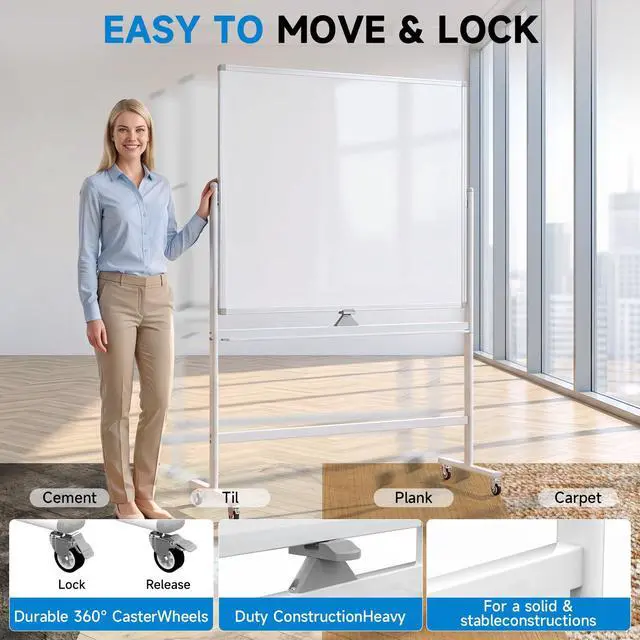 Alt view image 4 of 7 - Rolling Whiteboard 60"x48" Magnetic Dry Erase Board with Stand, Double Sided Mobile Whiteboard on Wheels, Non-Foldable Large Portable White Board for Office, Classroom & Home