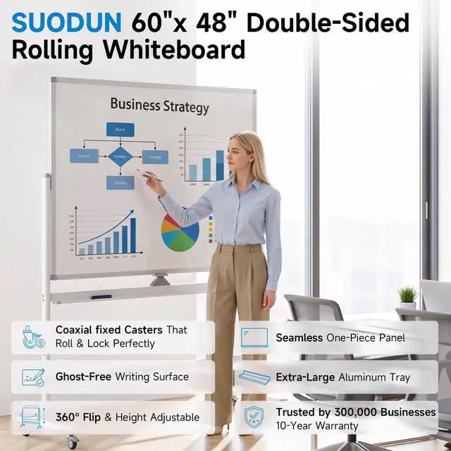 Alt view image 2 of 7 - Rolling Whiteboard 60"x48" Magnetic Dry Erase Board with Stand, Double Sided Mobile Whiteboard on Wheels, Non-Foldable Large Portable White Board for Office, Classroom & Home