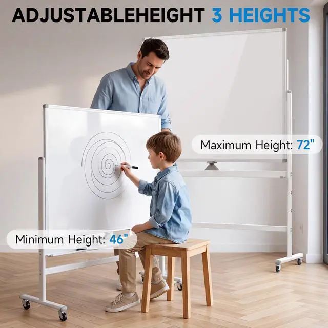 Alt view image 6 of 7 - Rolling Whiteboard 60"x48" Magnetic Dry Erase Board with Stand, Double Sided Mobile Whiteboard on Wheels, Non-Foldable Large Portable White Board for Office, Classroom & Home