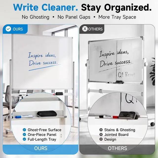 Alt view image 5 of 7 - Rolling Whiteboard 60"x48" Magnetic Dry Erase Board with Stand, Double Sided Mobile Whiteboard on Wheels, Non-Foldable Large Portable White Board for Office, Classroom & Home