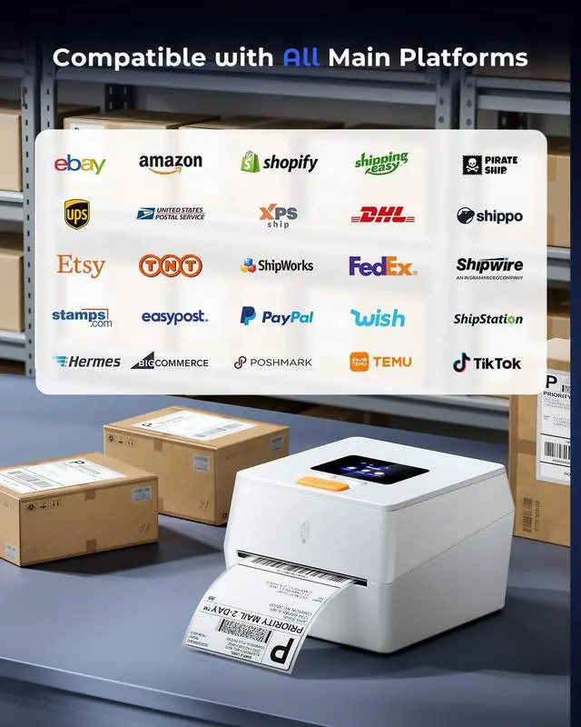 Alt view image 5 of 7 - Thermal Label Printer with Touchable Screen, 4x6 Bluetooth Shipping Label Printer with Built-in Label Holder, D420D White Thermal Printers for Small Business, Compatible with USPS, Tiktok