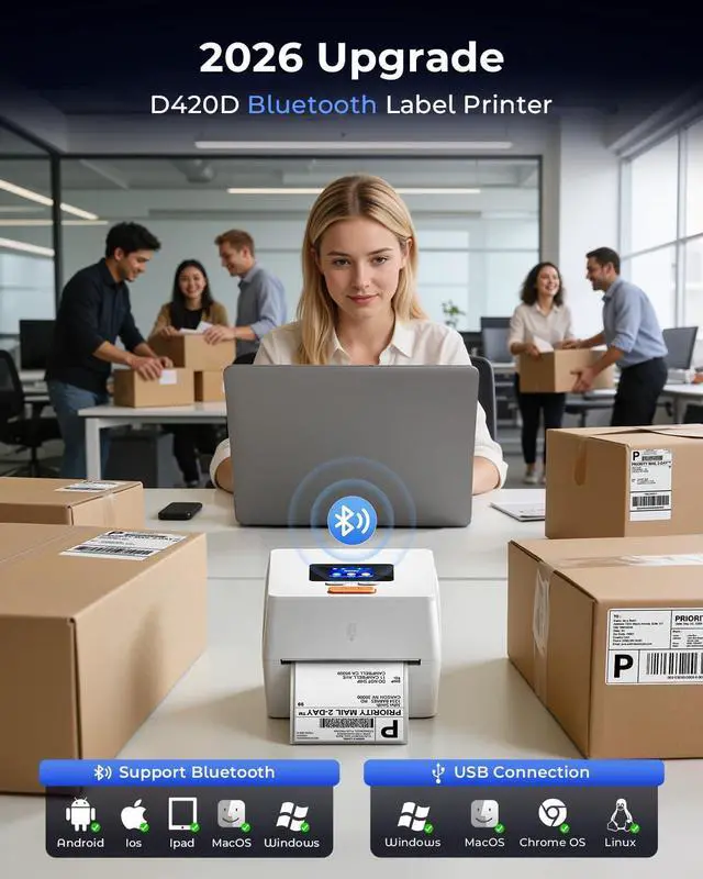 Alt view image 4 of 7 - Thermal Label Printer with Touchable Screen, 4x6 Bluetooth Shipping Label Printer with Built-in Label Holder, D420D White Thermal Printers for Small Business, Compatible with USPS, Tiktok